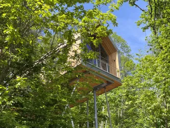 Ein modernes Baumhaus umgeben von grünem Blattwerk. Der Himmel ist blau und es scheint sonnig zu sein.