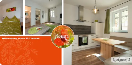 Eine moderne Ferienwohnung mit ansprechend eingerichtetem Wohnbereich und voll ausgestatteter Küche. Die Wohnung bietet Platz für zwei Personen und hat ein gemütliches Ambiente.