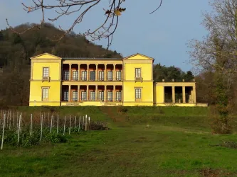 Ein historisches, gelbes Gebäude mit Säulen und großen Fenstern. Es ist von einer grünen Wiese und Bäumen umgeben.