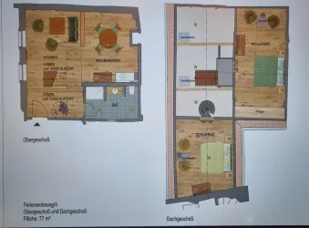 Eine Wohnungsgrundriss mit zwei Etagen. Die Fläche beträgt 77 m² und zeigt verschiedene Räume wie Wohnzimmer, Küche und Schlafzimmer.