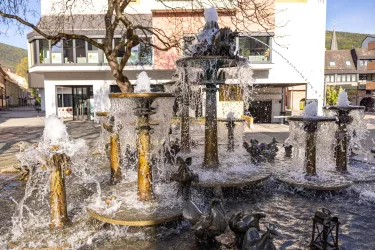 Ein schöner Brunnen mit sprudelndem Wasser und dekorativen Figuren. Im Hintergrund sind Gebäude und Bäume zu sehen.