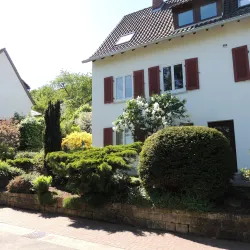 Ein schönes Haus mit roten Fensterläden und einem gepflegten Garten. Der Garten ist grün mit verschiedenen Pflanzen und Sträuchern.