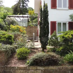 Ein gepflegter Garten mit verschiedenen Pflanzen und Bäumen umgibt ein helles Haus. Im Hintergrund ist ein Wintergarten erkennbar.