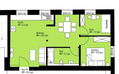 Eine Raumaufteilung eines Apartments mit Küche, Wohnbereich, Kinderzimmer, Schlafzimmer und Badezimmer. Die verschiedenen Räume sind klar markiert und haben die jeweiligen Flächenangaben.