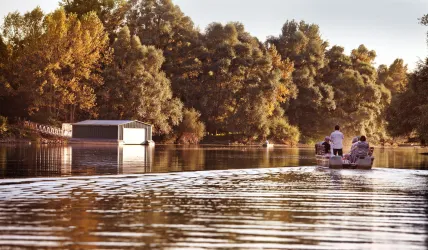 Eine ruhige Bootsfahrt auf einem Gewässer, umgeben von grünen Bäumen im Herbst. Im Hintergrund steht eine kleine Hütte am Ufer.