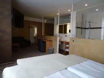Ein modernes Hotelzimmer mit einem Doppelbett und einem Flachbildfernseher. Es gibt einen Wohnbereich und ein Badezimmer mit Glasduschkabine.