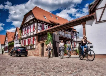 Eine malerische Straße mit Fachwerkhäusern und einem blauen Himmel. Vier Radfahrer fahren gemütlich vorbei.