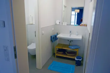 Ein modernes Badezimmer mit einem Waschbecken, einer Toilette und einem Regal. Es gibt blaue Handtücher und einen farbigen Teppich auf dem Boden.