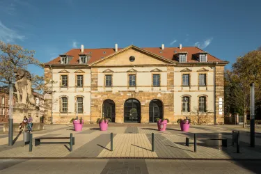 Ein historisches Gebäude mit einem eleganten Fassadendesign. Vor dem Gebäude stehen große pinke Blumentöpfe auf einem modernen Platz.