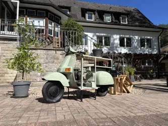 Ein niedlicher, mintgrüner Roller steht auf einem gepflasterten Hof. Im Hintergrund ist ein Haus mit großen Fenstern und einigen Pflanzen zu sehen.