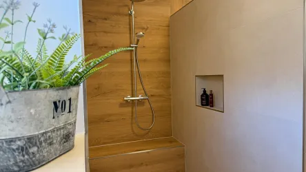 Eine moderne Dusche mit Holzverkleidung und einer minimalistischen Erscheinung. Im Vordergrund steht ein Pflanztopf mit einer grünen Pflanze.