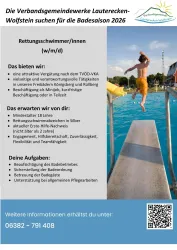 Ein Plakat, das Rettungsschwimmer/innen für die Badesaison 2026 sucht. Es enthält Informationen über Anforderungen und Aufgaben sowie Kontaktinformationen.