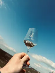 Ein Hand, die ein Weinglas mit dem Logo eines Schwans hält. Im Hintergrund ist ein klarer blauer Himmel mit einigen Wolken sichtbar.