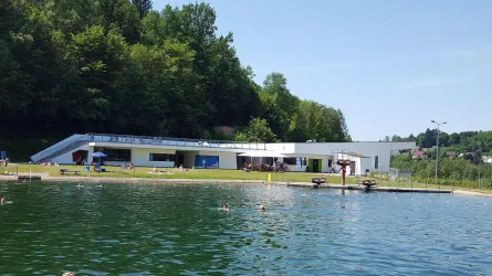 Ein Schwimmbad am Wasser mit einer modernen Gebäudeansicht. Umgeben von Bäumen und einem klaren Himmel genießen Besucher die sonnige Atmosphäre.