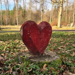 Ein rotes Holzherz steht auf einem Baumstumpf im Wald. Umgeben von grünen Blättern und frühherbstlichen Farben.