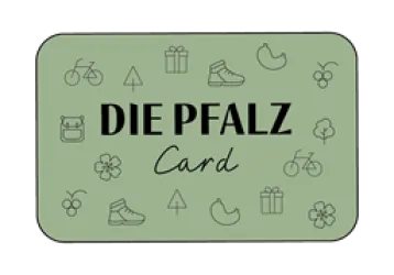 Eine Karte mit dem Schriftzug "DIE PFALZ" auf grünem Hintergrund. Um den Text sind verschiedene Symbole wie Fahrräder, Geschenke und Naturmotive angeordnet.