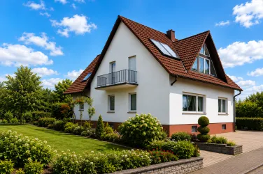 Ein schönes Einfamilienhaus mit einem roten Satteldach und großen Fenstern. Der Garten ist gepflegt und mit grünen Pflanzen und Blumen geschmückt.
