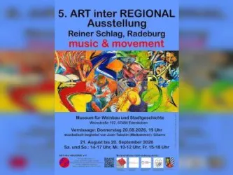 Ein farbenfrohes Plakat für die 5. ART inter REGIONAL Ausstellung mit dem Titel "music & movement". Die Ausstellung findet im Museum für Weinbau und Stadtgeschichte in Dessau statt.