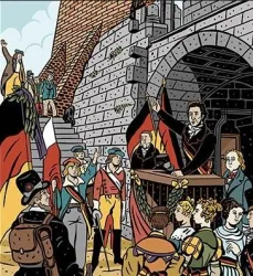 Eine historische Szene mit Menschen in traditioneller Kleidung vor einer Burg. Eine Person hält eine Rede und mehrere Flaggen sind sichtbar.