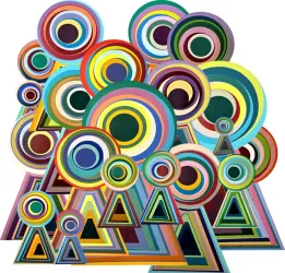 Bunte geometrische Formen in verschiedenen Größen und Farben. Kreise und Dreiecke dominieren das Bild und schaffen eine dynamische Komposition.