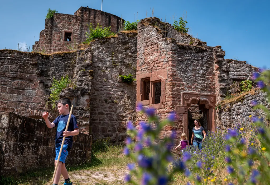 Eine Familie erkundet die Hardenburg bei Bad Dürkheim