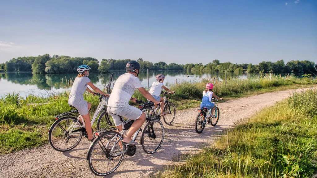 Eine Familie fährt mit dem Rad am Rhein entlang