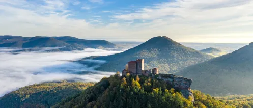 Die Burg Trifels thront über dem vernebelten Pfälzerwald
