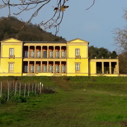 Ein historisches, gelbes Gebäude mit Säulen und großen Fenstern. Es ist von einer grünen Wiese und Bäumen umgeben.