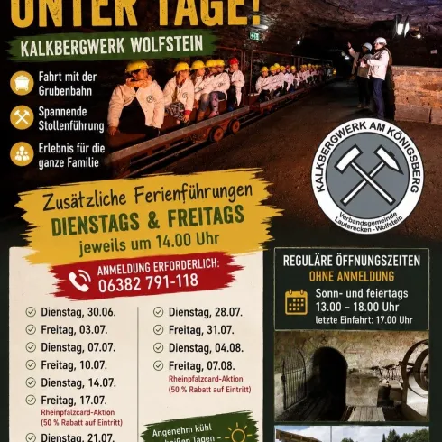 Ein Abenteuer unter Tage im Kalkbergwerk Wolfstein. Genießen Sie eine spannende Führung mit der Grubenbahn für die ganze Familie.