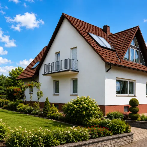 Ein schönes Einfamilienhaus mit einem roten Satteldach und großen Fenstern. Der Garten ist gepflegt und mit grünen Pflanzen und Blumen geschmückt.