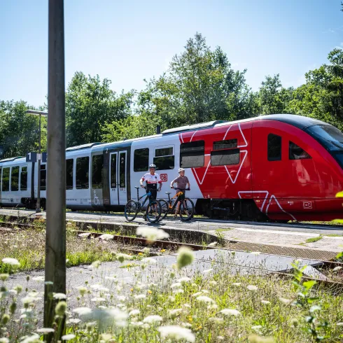 Zwei Fahrradfahrer schieben die Räder an einem Bahnsteig. Dahinter fährt ein roter Zug